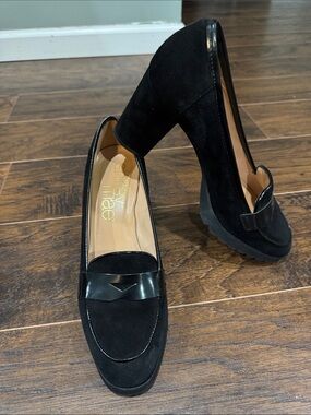 Black Suede Block Heel Loafers by Shirley Mae